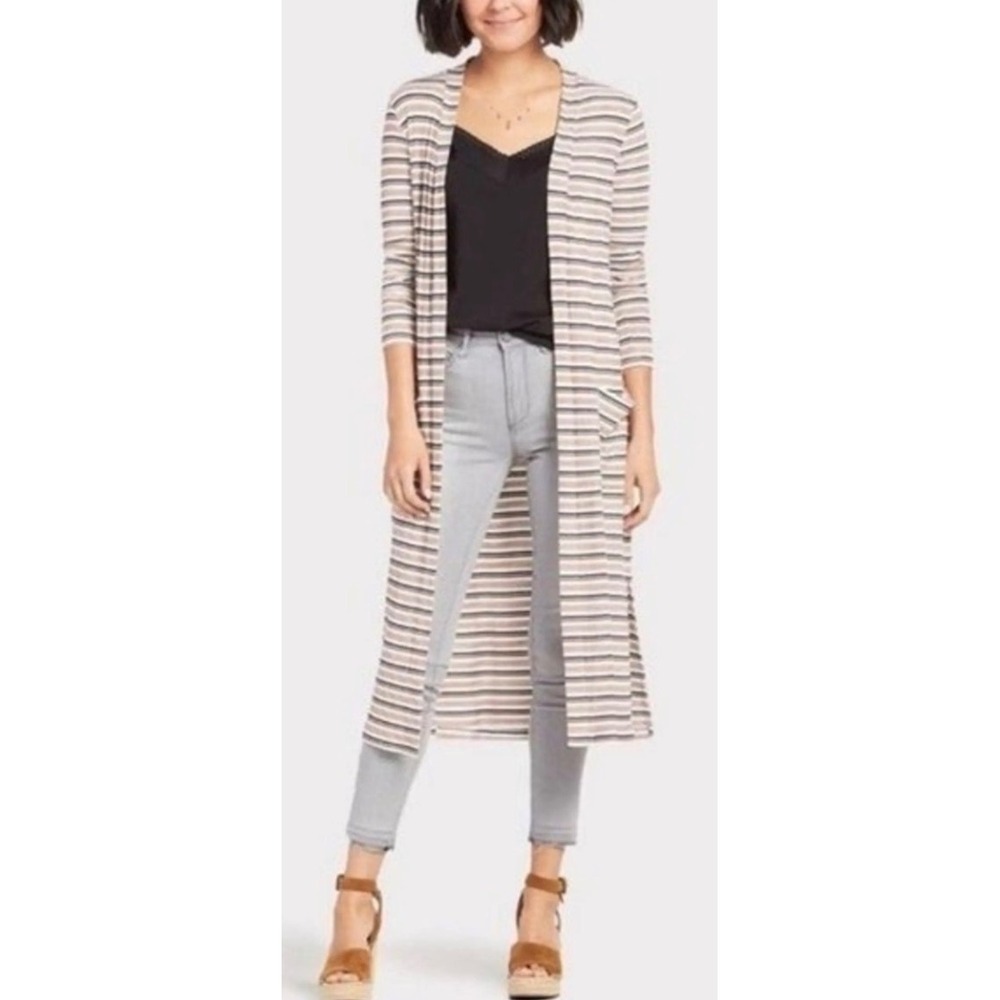 Peyton Jensen Evereve Duster Cardigan Women XS Tan Striped Ribbed Open Front NWT